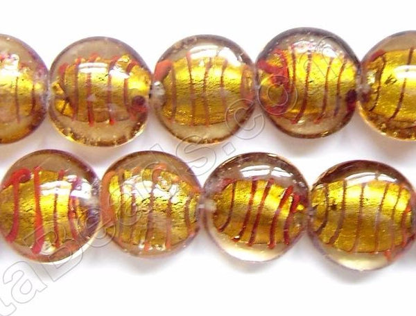 Silver Foil Glass Beads   16" Puff Coin - Gold w/ Stripes