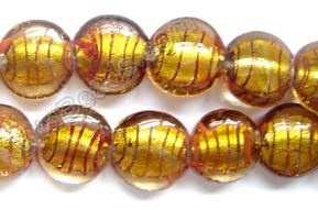 Silver Foil Glass Beads   16" Puff Coin - Gold w/ Stripes