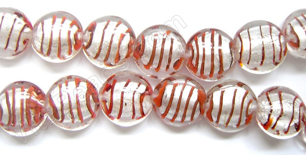 Silver Foil Glass Beads   16"   Puff Coin - Clear w/ Red Stripes