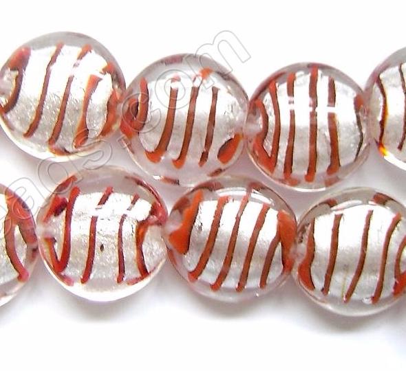 Silver Foil Glass Beads   16"   Puff Coin - Clear w/ Red Stripes