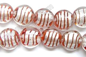 Silver Foil Glass Beads   16"   Puff Coin - Clear w/ Red Stripes