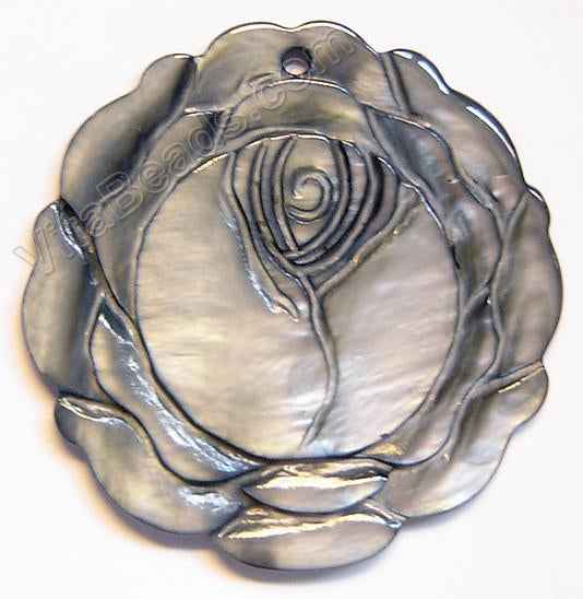 Carved Shell Pendant Round Rose - Grey