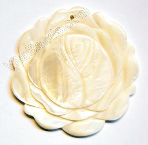 Carved Shell Pendant Round Rose - Cream White