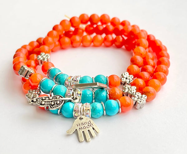 Smooth Round Beads Bracelet - Orange Coral Jade, Blue Turquoise  w/ Charms Length:  21"