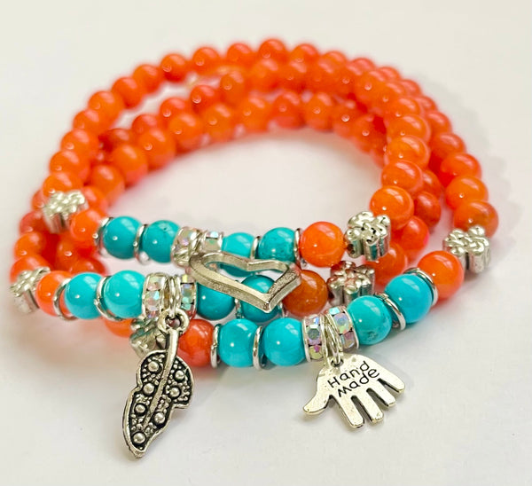 Smooth Round Beads Bracelet - Orange Coral Jade, Blue Turquoise  w/ Charms Length:  21"